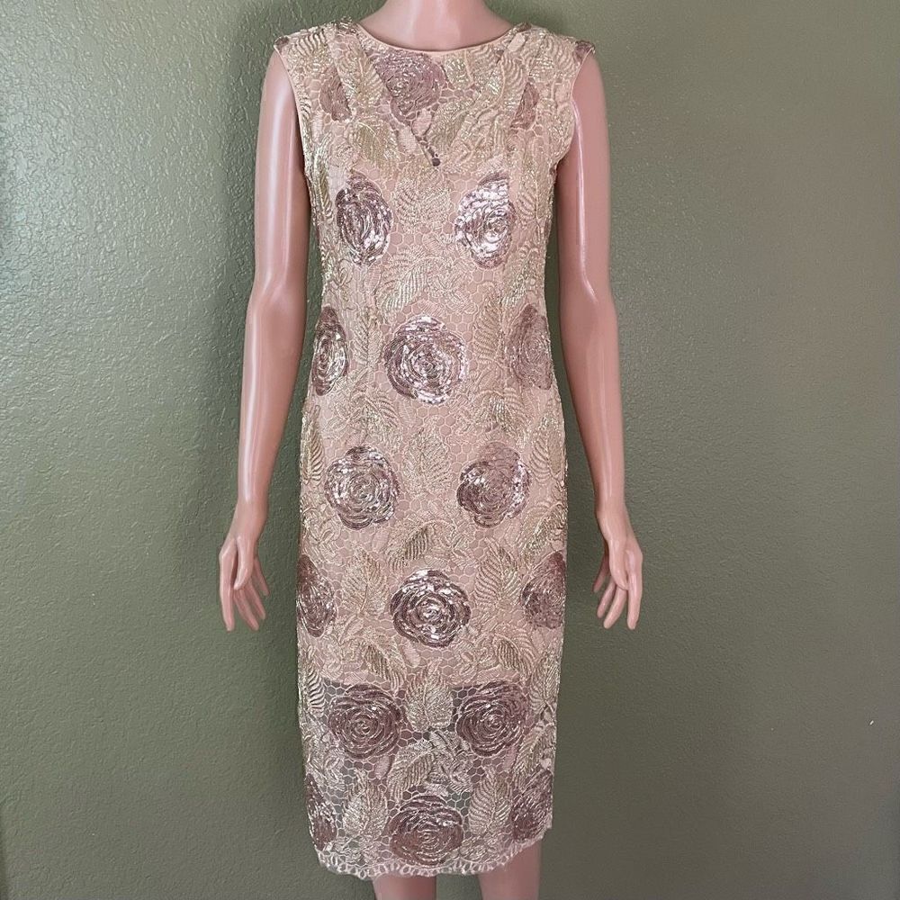Alexia Admor V-Back Embellished Sequin Midi Dress Women’s Size 2 Zipper Tan